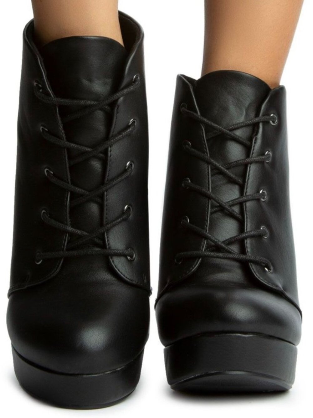 SODA Shoes AGENDA-H Heeled Bootie in Black Lace Up Wooden Heel Vegan Leather 7.5